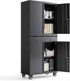 PioneerWorks 73" Metal Storage Cabinet w/Locking Doors | Adjustable Shelves + 2 Drawers | Robust Utility Storage for Garage Organization-Dark Black with Legs