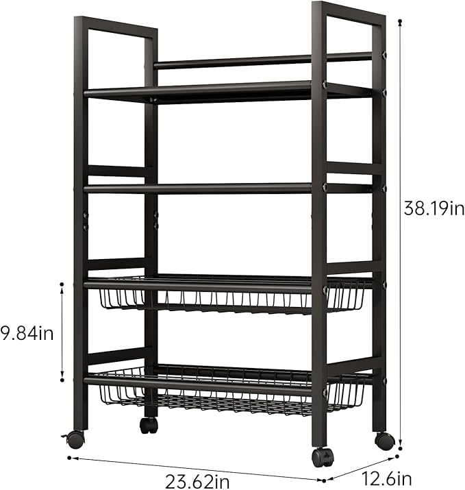 4-Tier Rolling Metal Storage Cart Mobile Organizer with Removable Grid Basket and Locking Wheels, Suitable for Multiple Uses, Black (Large)