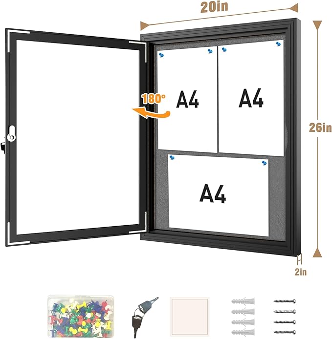 Mifuro 26"x20" Enclosed Bulletin Board, Outdoor Lockable Weather-Resistant Aluminum Cork Noticeboard for School & Office, Black Frame w/Grey Flet