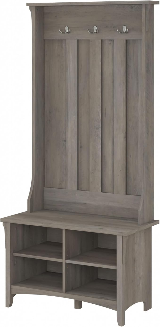 Bush Furniture Salinas Hall Tree with Shoe Storage Bench in Driftwood Gray, Multi-Purpose Home Organizer, Entryway Solution with Seating and Hooks