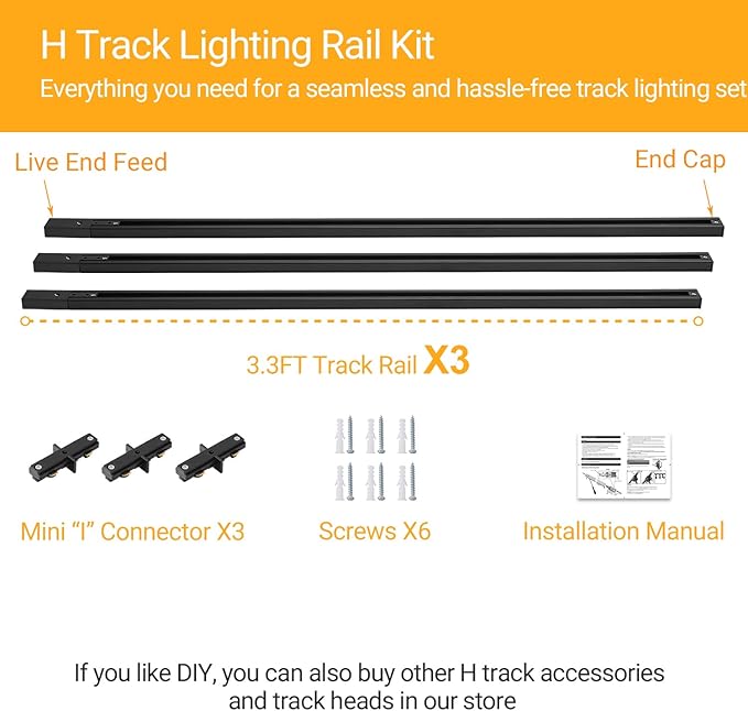 VANoopee H Track Lighting Rails Kit, 10FT H Type Track Rails Black with End Caps and Live End Feed Connector, Compatible with Single Circuit 120V H Style Track System