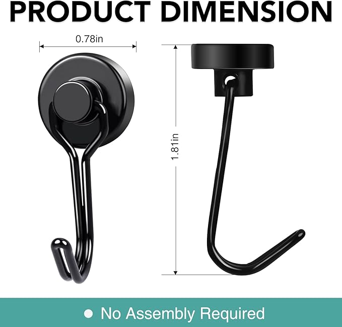 MIKEDE Magnetic Hooks, 40Lbs Heavy Duty Neodymium Magnet Hooks Black Magnets with Swivel Hooks for Hanging, Rust Proof Strong Magnets Hook, Magnetic Metal Hanger for Fridge, Storage, 6 Pack