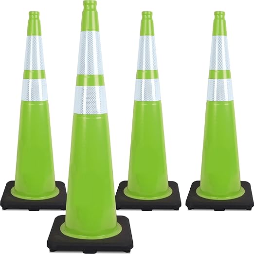 Fluorescent Orange/Green PVC Traffic Cones, Heavy Black Base Parking Lot Cone Structurally Stable Weatherproof Road Construction Safety Cones (4, Green, 36" Extra Large)