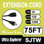 75 Ft Indoor Outdoor Black Extension Cord, 16/3 SJTW Heavy Duty Water-Resistant, 3 Prong Grounded Plug Power Cord for Home Appliance, Lights and Lawn, 13A 1625W, UL Listed