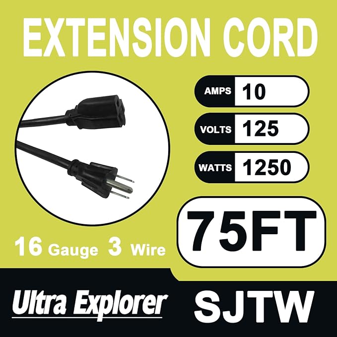 75 Ft Indoor Outdoor Black Extension Cord, 16/3 SJTW Heavy Duty Water-Resistant, 3 Prong Grounded Plug Power Cord for Home Appliance, Lights and Lawn, 13A 1625W, UL Listed