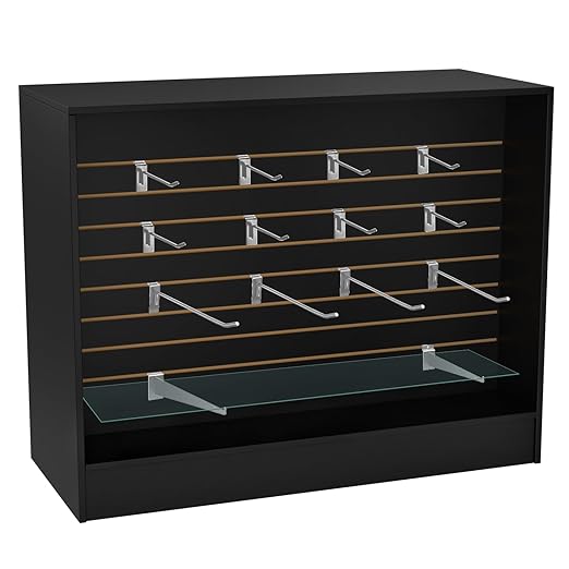 48” W ×20” D × 38” H - Ledge top Checkout Counter with Slatwall Display Front, Black Wooden Slat Wall Cash Register Stand,Retail Counter Display
