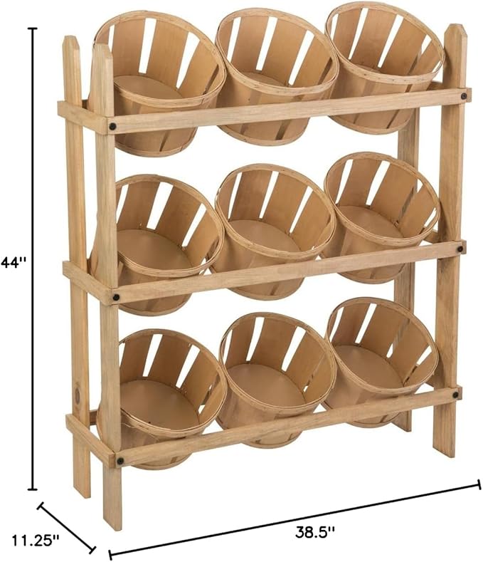 Displays2go Tiered Wooden Display, Floor Standing, 9 Baskets – Oak (PN9BKTOAK)