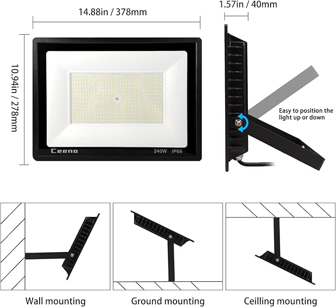 Ceena 2 Pack 240W Hardwired LED Flood Light Outdoor, 24000lm Super Bright Floodlight, IP66 Waterproof 6000K Daylight White Exterior Lights for Basketball Court, Playground, Stadium