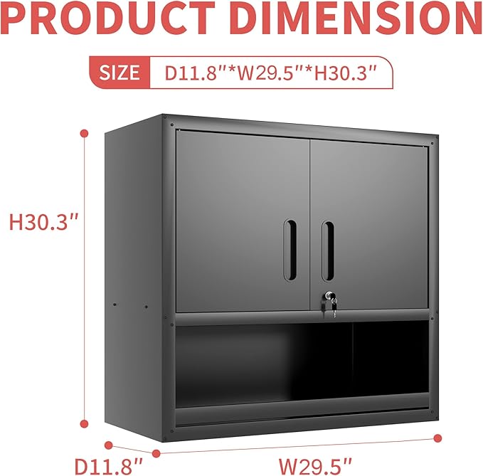 Garage Wall Cabinet Metal Storage Cabinet with Lock Wall Mounted Heavy Duty Steel Tool Cabinet with Door and Shelf Hanging Cabinet for Garage Warehouse Bathroom Kitchen,Assembly Required