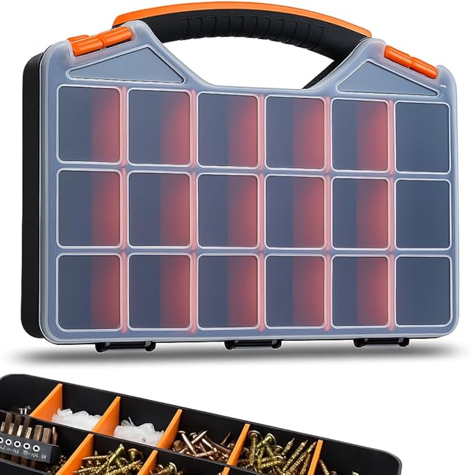 Andalus Tools Organizer Box, Small Parts Storage 18-Compartment Portable Hardware Organizer Removable Plastic Dividers for Screws, Nuts, Bolts, Nails – Orange (1 Pack, 12.5" x 10.5" x 3")