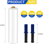 Stretch Film, RAZCC Stretch Wrap Industrial Strength, Shrink Wrap for Pallet Wrap, Heavy Duty Clear Plastic Wrap with Handles, Moving Wrapping Plastic Roll, 15" x 1000 Ft Per Roll, 60 Gauge, 3 Pack