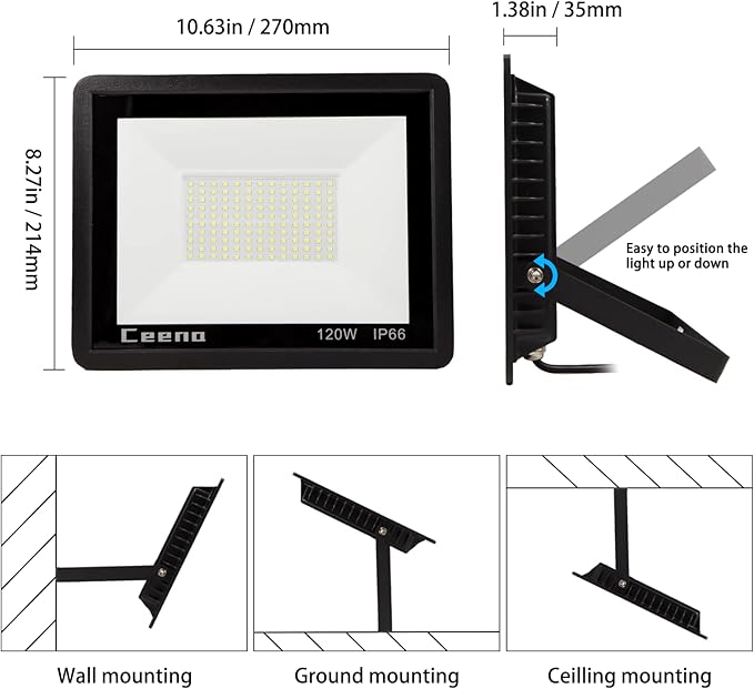 Ceena 2 Pack 120W Plug in LED Flood Light Outdoor, 12000lm Super Bright Floodlight with Switch and 5.9FT Wire, IP66 Waterproof 6000K LED Work Lights for Backyard, Workshop, Basketball Court