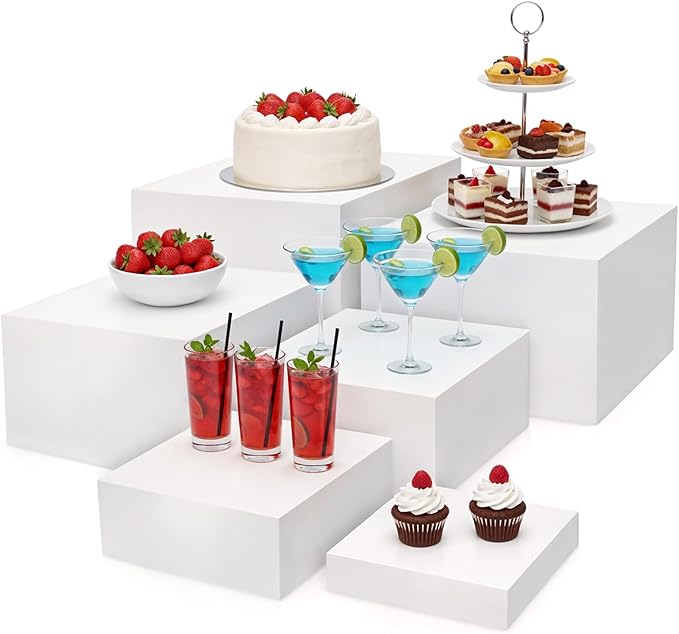 6PCS Buffet risers Acrylic Cubes for Display Food risers for Buffet Table White Dessert Table displays Set Cube Boxes Display Nesting Riser Stands Cupcake Stands for decor5/6/6.8/7/7.5/8IN