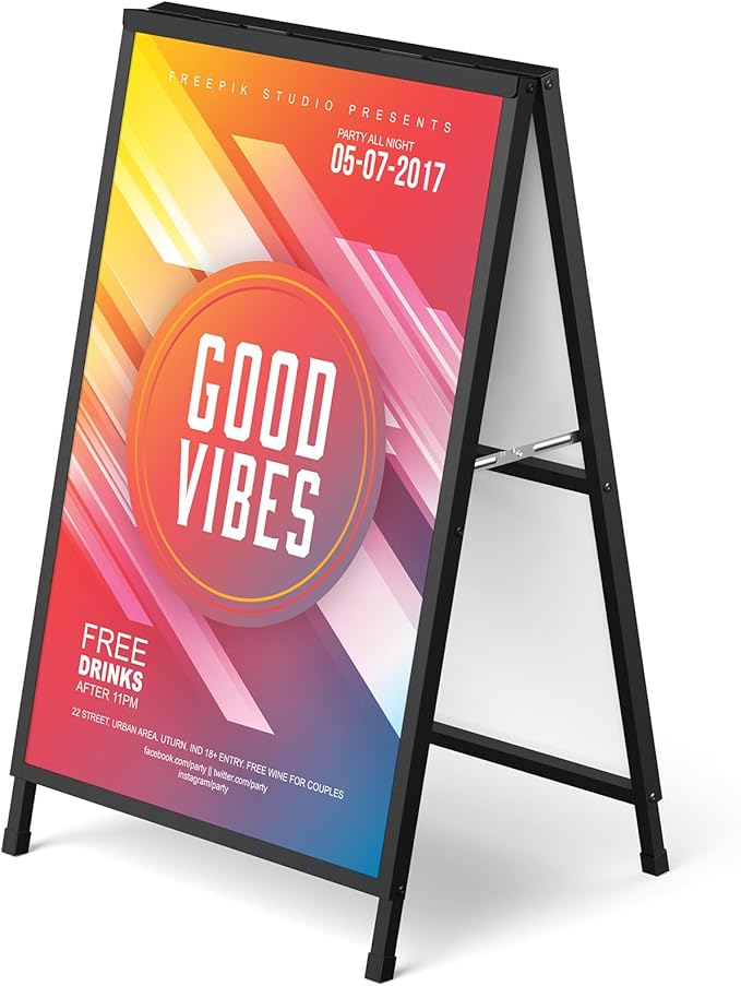 A Frame Sign 24x36 Inch Sandwich Board, Heavy Duty Double-Sided Folding Sidewalk Signboard, Slide-in Steel Metal Frame Sign Display Holder for Outdoor & Indoor Street Poster, Businesses, Advertising