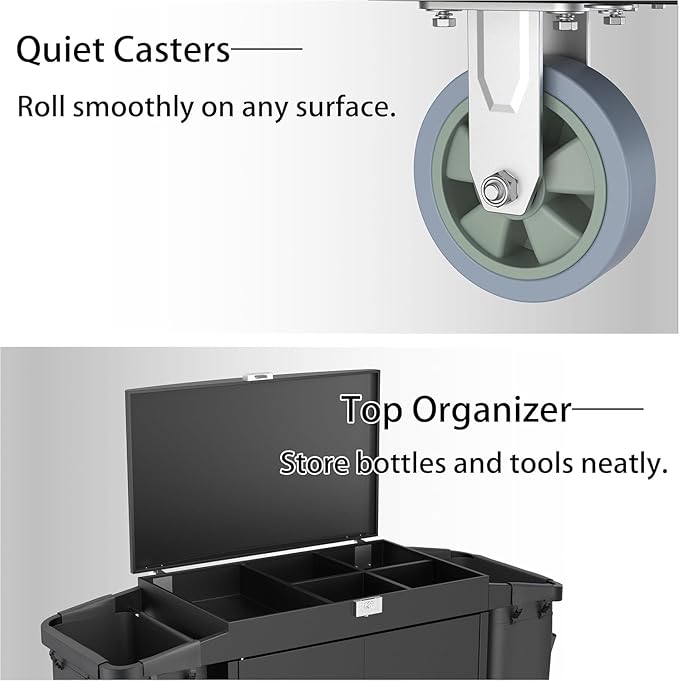 Heavy Duty Metal Housekeeping Janitorial Cart with Wheels,Silent Casters,Locking Large Capacity Cabinets,Cleaning cart for Housekeeping/Commercial Facility/Hotel/Stadium/School