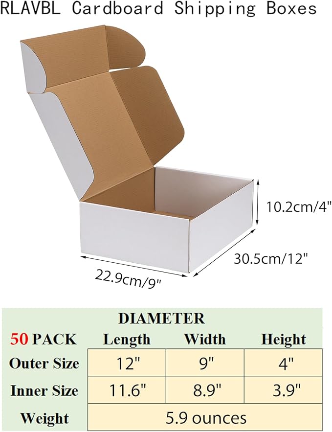 RLAVBL 12x9x4 Inches Shipping Boxes Set of 50, White Medium Corrugated Cardboard Box, Mailer Boxes for Packing Small Business