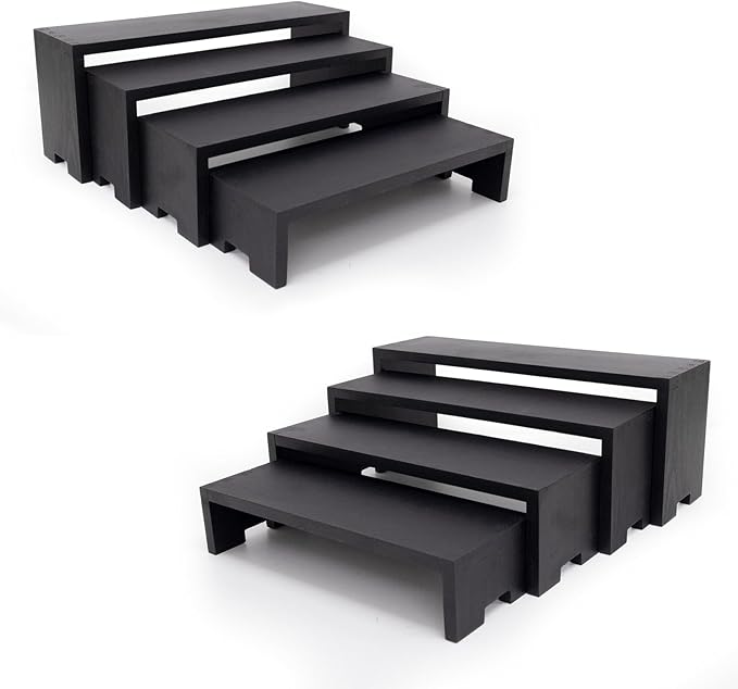 Large Display Wood Risers Wooden Stand 4 Tier Wood Racks, 2 Set 8 Pieces Cupcake Stands Cologne Perfume Organizer Dessert Stands for Vendors Event Black