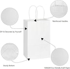 Toovip 100 Pack 5.25x3.25x8.25 Inch Small White Kraft Paper Bags with Handles Bulk, Gift Wrap Bags for Favor Grocery Retail Party Birthday Shopping Business Goody Craft Sacks Merchandise Take Out Cub