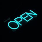 HiNeon Ice Blue Neon Open Sign 20inx7in LED Open Sign w/Remote Controller, Electric Cyan Light Sign for Business Store, w/Hanging Chain for Shop Windows, Direct Plug-In w/ 12V Power Adapter