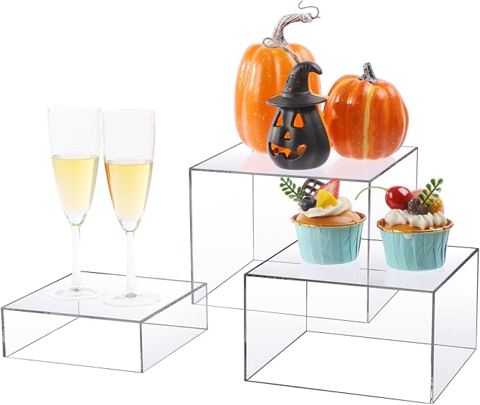 Risers Display Stands, Buffet Riser, Cubes Acrylic Display Box, Food Display Risers for Party, Acrylic Retail Display Stand, Nesting Showcase Display Riser, Craft Show Display Stand (3PCS-Clear)