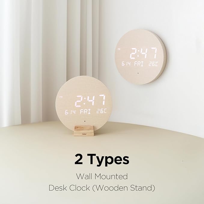 mooas Wood Moon Cordless Mini Digital LED Wall Clock, Date, Temperature, Auto Brightness, Digital Wireless Wall Clock Modern Minimalist Décor for Office Livingroom Bedroom, Wall Mount/Wooden Stand