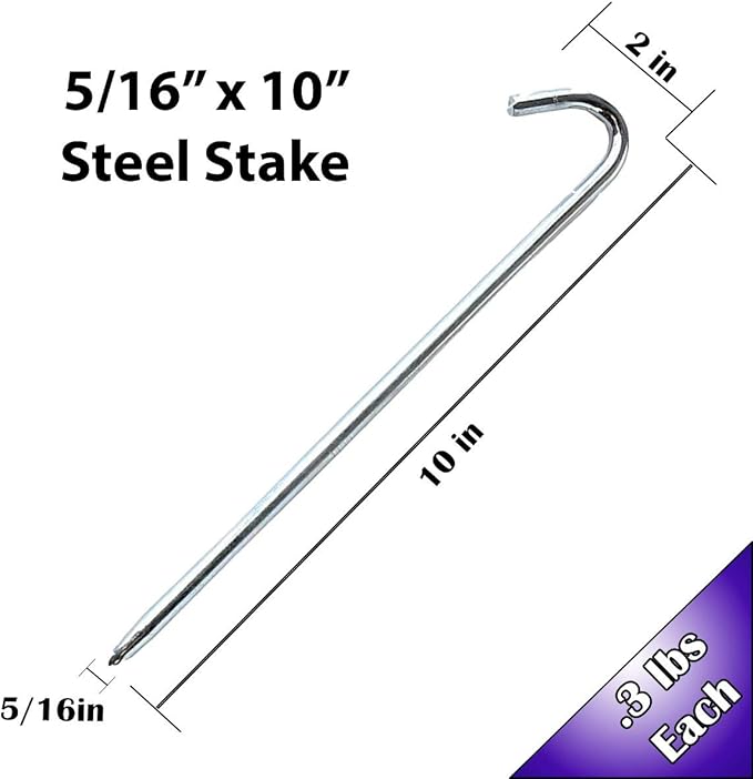 Steel Tent Stakes Heavy Duty Ground Stake, Metal Stakes to Anchor Commercial Inflatables, Outdoor Camping Canopy, Fence, Garden Tent Accessories, 5/6" Diameter x 10" Length, 100 Pack