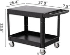 2 Tier Plastic Rolling Utility Cart on Wheels, Heavy Duty Tool Cart with Deep Shelves and 360° Swivel Wheels Holds up to 550 lbs, Service Cart for Garage, Warehouse, Cleaning (Black-L-Flat Top)