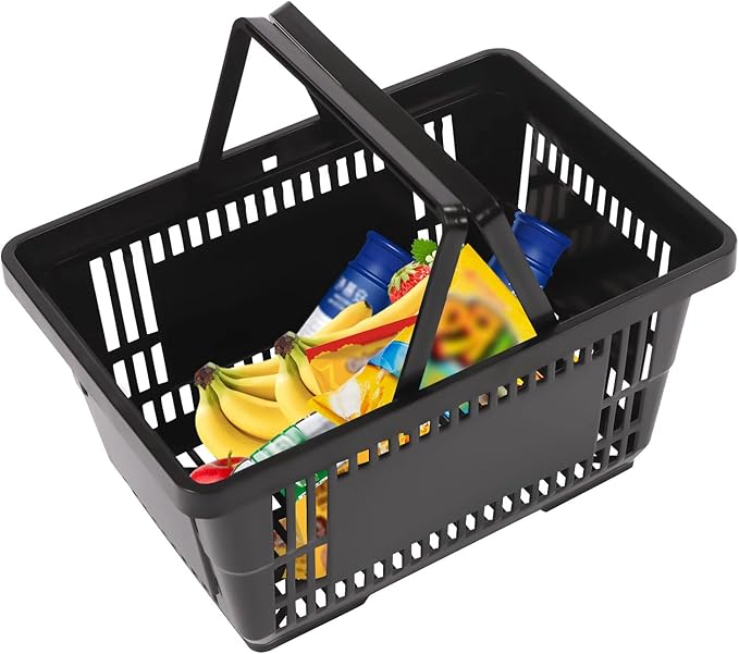 12PCS Shopping Baskets with Handles, Black Plastic Shopping Basket Set, 21L Portable Grocery Baskets with Handles, Grocery Shopping Basket Set for Stores, Supermarket, Retail,Shopping Carrying