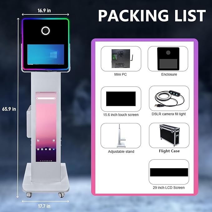 29in LCD Display Photo Booth Machine with 15.6in Mirror Touch Screen Selfie Station Shell Stand DIY Photobooth Machine with RGB Light for Parties Weddings Event (Machine+Camera+Mini Printer)