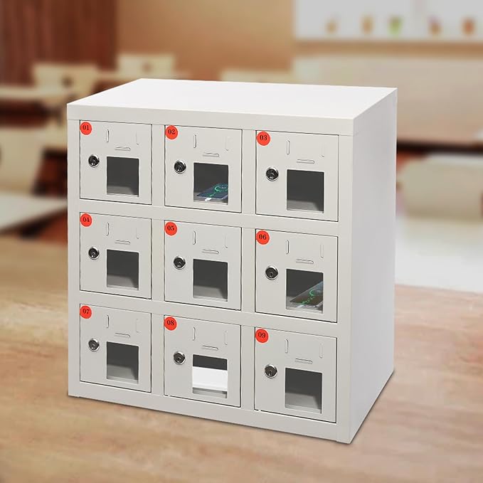9 Slots Cell Mobile Phone Steel Locker with Lock, Cell Phone Locker with Charging Station, Cellphone Locker for Schools, Conference Rooms, and Offices