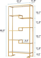 5-Tier Bookshelf, Tempered Glass Display Shelf, Modern Open Shelf Bookshelf, Tall Storage Open Bookcase for Living Room, Home Office, Bedroom, Golden