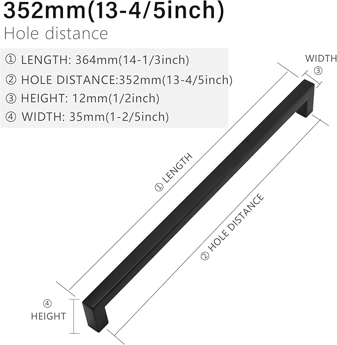 5 Pack | 13-4/5 Inch Hole Centers, Black Square Bar Cabinet Handles, Stainless Steel Kitchen Cupboard Pulls, Drawer Hardware, 352mm Hole Centers
