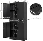 BESFUR 71“H Metal Storage Cabinet with 2 Lockable Drawers and 2 Lockable Doors, Garage Cabinet with 2 Adjustable Shelves, Locking Cabinet for Garage, Office, Classroom - Black