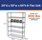 Shelving Inc. 24" d x 30" w x 64" h Chrome Wire Shelving with 6 Tier Shelves, Weight Capacity 800lbs Per Shelf