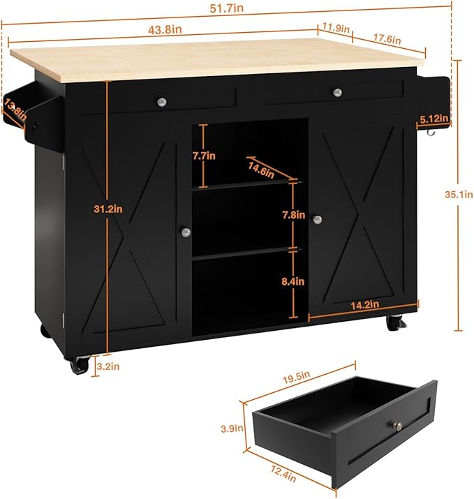 HLR Kitchen Island On Wheels, Black Rolling Kitchen Island Cart with Drop Leaf Countertop, Barn Door Kitchen Islands Table with Storage Cabinet and Tower Rack, Island Table for Kitchen