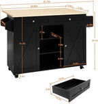 HLR Kitchen Island On Wheels, Black Rolling Kitchen Island Cart with Drop Leaf Countertop, Barn Door Kitchen Islands Table with Storage Cabinet and Tower Rack, Island Table for Kitchen