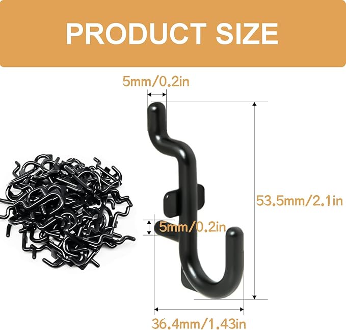 100PCS Pegboard Hooks Plastic Peg Board J Hooks for Hanging Black Pegboard Hooks J Hook Accessories, for 1/4" Pegboards DD017-100
