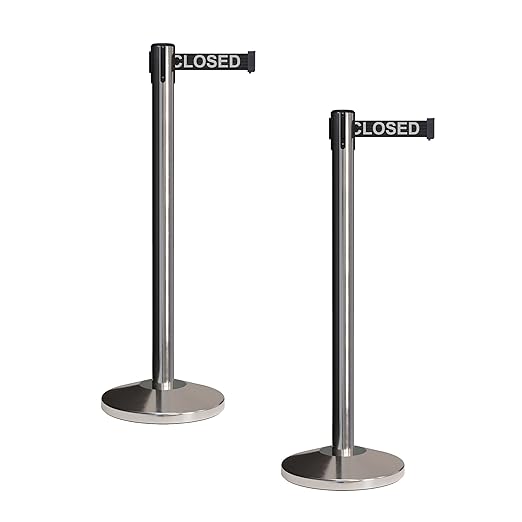 CCW Set of 2 Retractable Belt Barriers Stanchion, Polished Stainless Steel Post, RBB-100 (11 Foot Belt, Black"This LINE Closed" White Letters Belt)