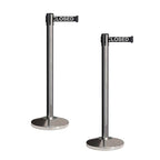 CCW Set of 2 Retractable Belt Barriers Stanchion, Polished Stainless Steel Post, RBB-100 (9 Foot Belt, Black"This LINE Closed" White Letters Belt)
