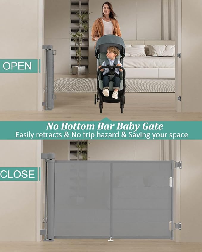 50 inch Retractable Baby Gates 34 inch Tall, Retractable Gate with Reinforced Strip Design to Prevent Crawling Through, Retractable Dog Gate for Stairs, Doorways, Hallways