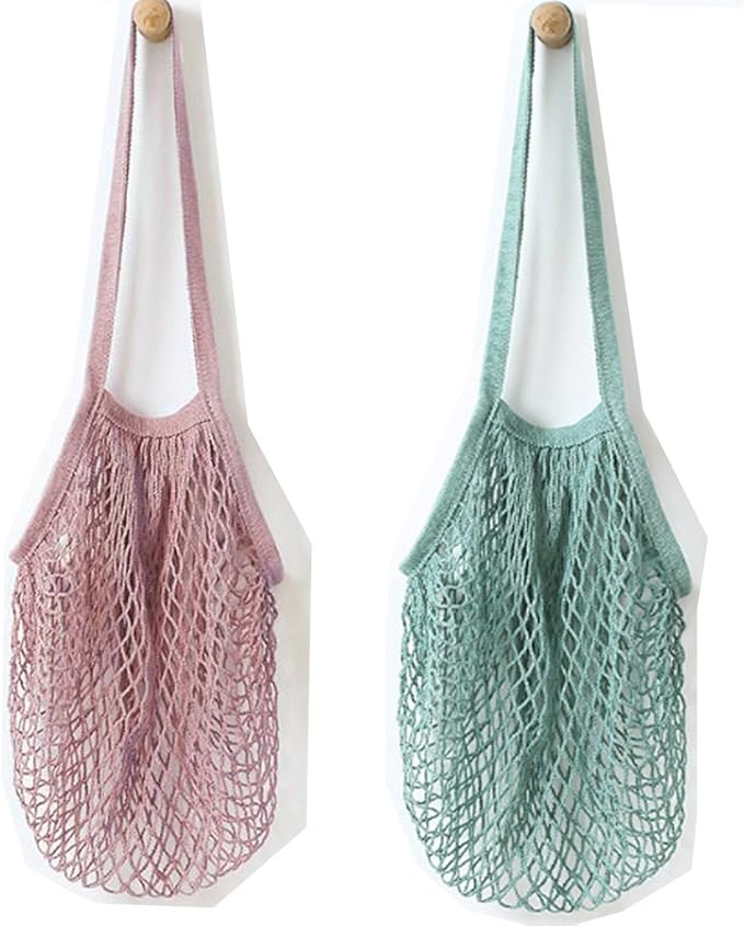 2Pcs Portable Reusable Mesh Cotton Net String Bag Organizer Shopping Tote Handbag Fruit Storage Shopper NEW (green,purple)
