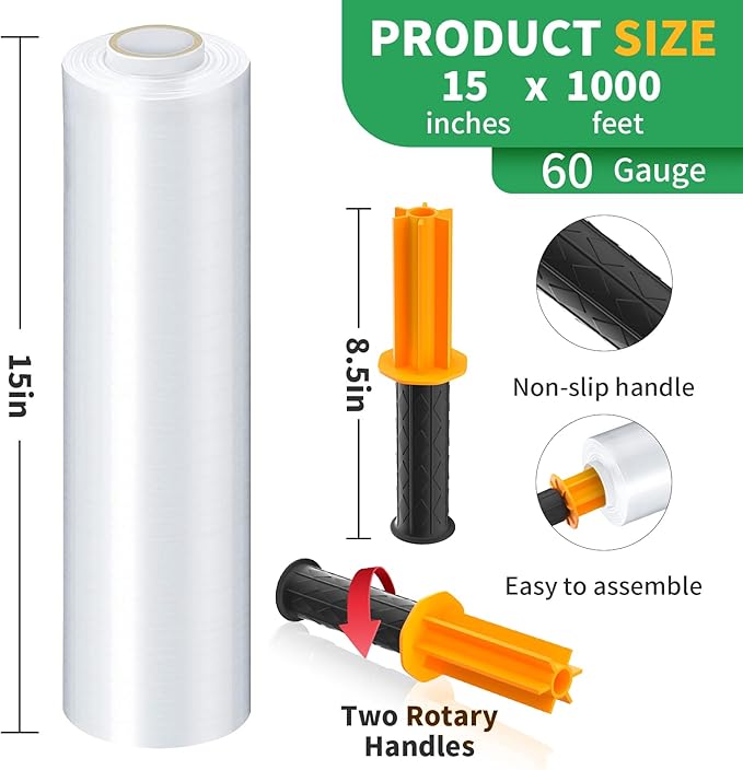 Stretch Film, HERKKA Stretch Wrap with Handles Industrial Strength, Moving Wrapping Plastic Roll, Shrink Wrap for Pallet Wrap, 15" x 1000 Feet, 1 Pack, 60 Gauge