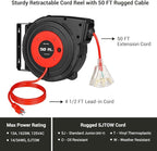 DEWENWILS Retractable Extension Cord Reel, 50FT Power Cord Reel with 14AWG/3C SJTOW, 13A Circuit Breaker, Wall/Ceiling Mounted, 3-Lighted Triple Outlets for Garage, Workshop, UL Listed, Red