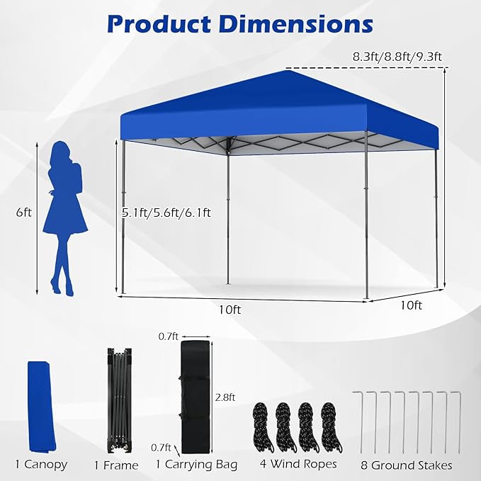 Tangkula 10x10 FT Pop Up Canopy, UPF50+ Portable Outdoor Tent with 8 Stakes, 4 Wind Ropes, Carrying Bag, Foldable Canopy Tent for Beach Party Event Camping