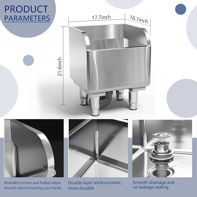 Commercial Floor Mop Sink - Stainless Steel Mop Service Basin, Floor Mount, 17.7'16.1'21.6'