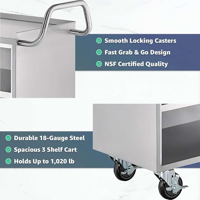 21" x 33" Commercial NSF Stainless Steel Utility Cart - 3 Shelf Enclosed Base with Locking Doors, Heavy-Duty Service Cart on Wheels for Kitchens and Catering