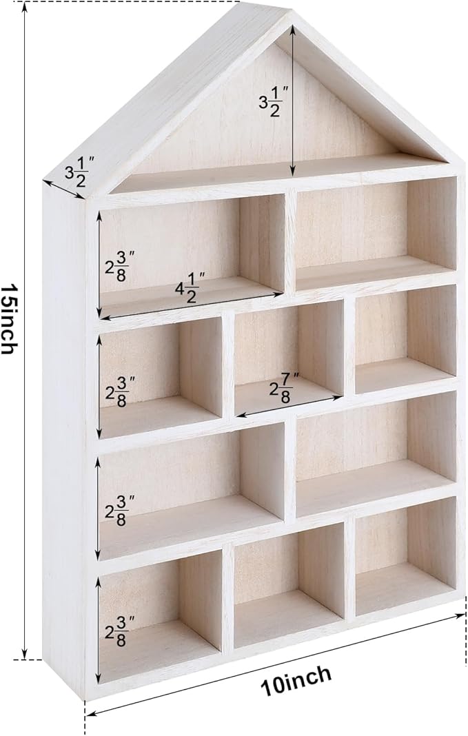 House Shaped Wooden Shadow Cubby Box 10 W x 2 1/4 D x 15 H Hanging Display Shelf Organizer Wall Mounted Curio Cabinet Wooden Display Case Miniature Shelf for Figures(Wood Color)