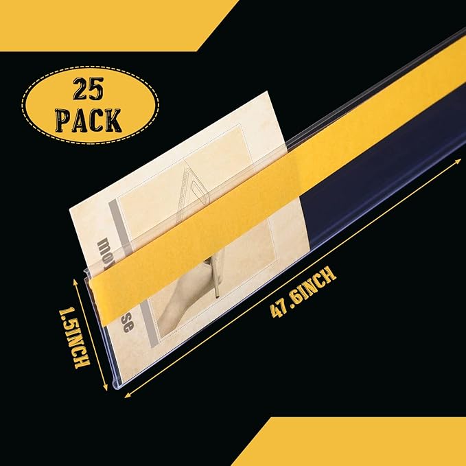 Fainne 25 Pcs Shelf Label Strips 1.5''H x 48 L Self Adhesive Shelf Label Holder Gondola Price Tag Stick on Plastic Clear Ticket Channel for Metal Wood Plastic Rack