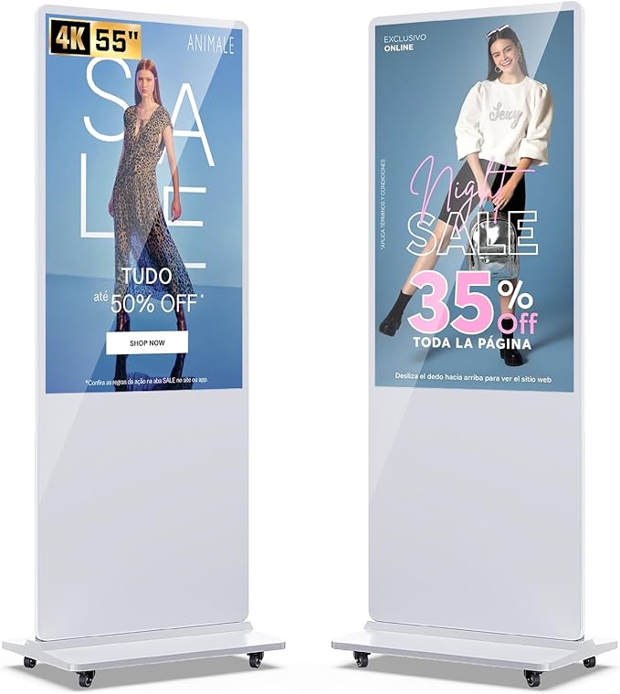 MWE 55 Inch 4K Digital Signage Display Kiosk, LCD Screen Indoor Floor Standing Advertising Displays, Android System Commercial Totem, Vertical Poster with Auto Media Player-White