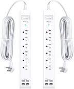 2 Pack Power Strip, 12FT Long Extension Cord, Surge Protector with 6 Outlets and 4 USB Charging Ports(2 USB C), Flat Plug Overload Protection, Wall Mount for Home Office Dorm College